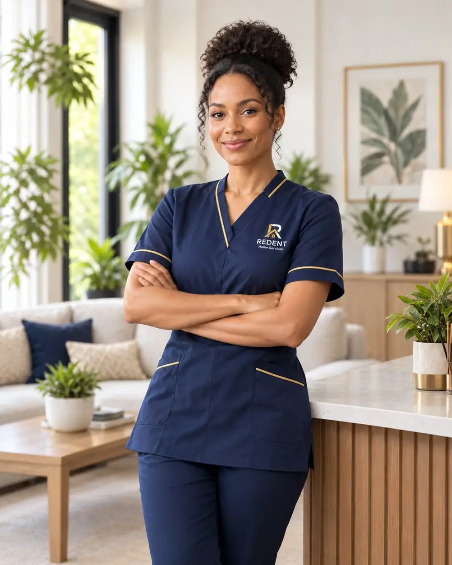 A REDENT housekeeper in uniform inside a home