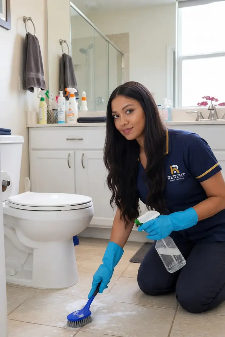 A REDENT housekeeper cleaning a bathroom